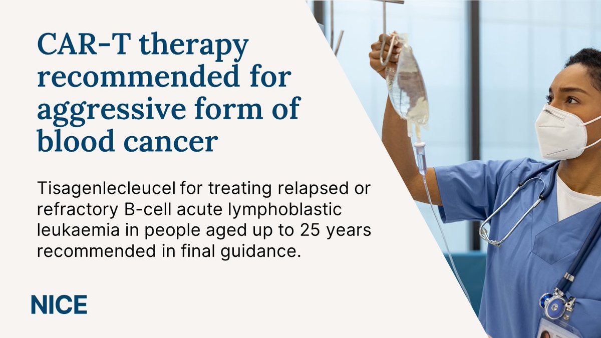Children and young adults could benefit after a personalised immunotherapy to treat an aggressive form of blood cancer was recommended for routine use. Tisagenlecleucel was previously available via the Cancer Drugs Fund. Learn more: nice.org.uk/guidance/ta975… #NICENews