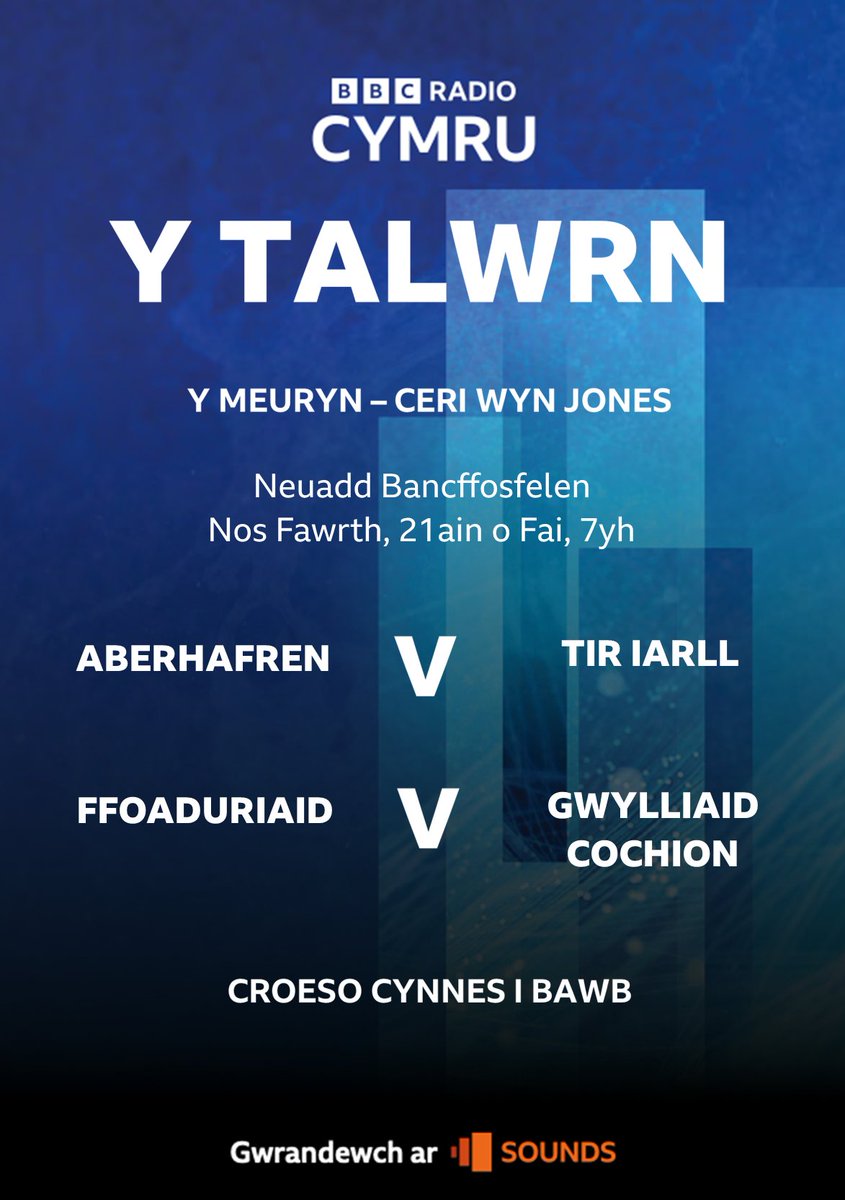 Awydd noson o farddoniaeth? 👇
Dewch draw i Neuadd Bancffosfelen,  nos Fawrth Mai 21, 7yh ar gyfer recordio dwy ornest o'r Talwrn  
<a href="/marigeorge2/">mari george</a> <a href="/NeiKaradog/">Aneirin Karadog 🏴󠁧󠁢󠁷󠁬󠁳󠁿🇺🇦</a> <a href="/Gruffudd_Owen/">Gruffudd Owen</a> <a href="/trydarbarddas/">Barddas</a> 

📻 Y Talwrn
<a href="/BBCSounds/">BBC Sounds</a>