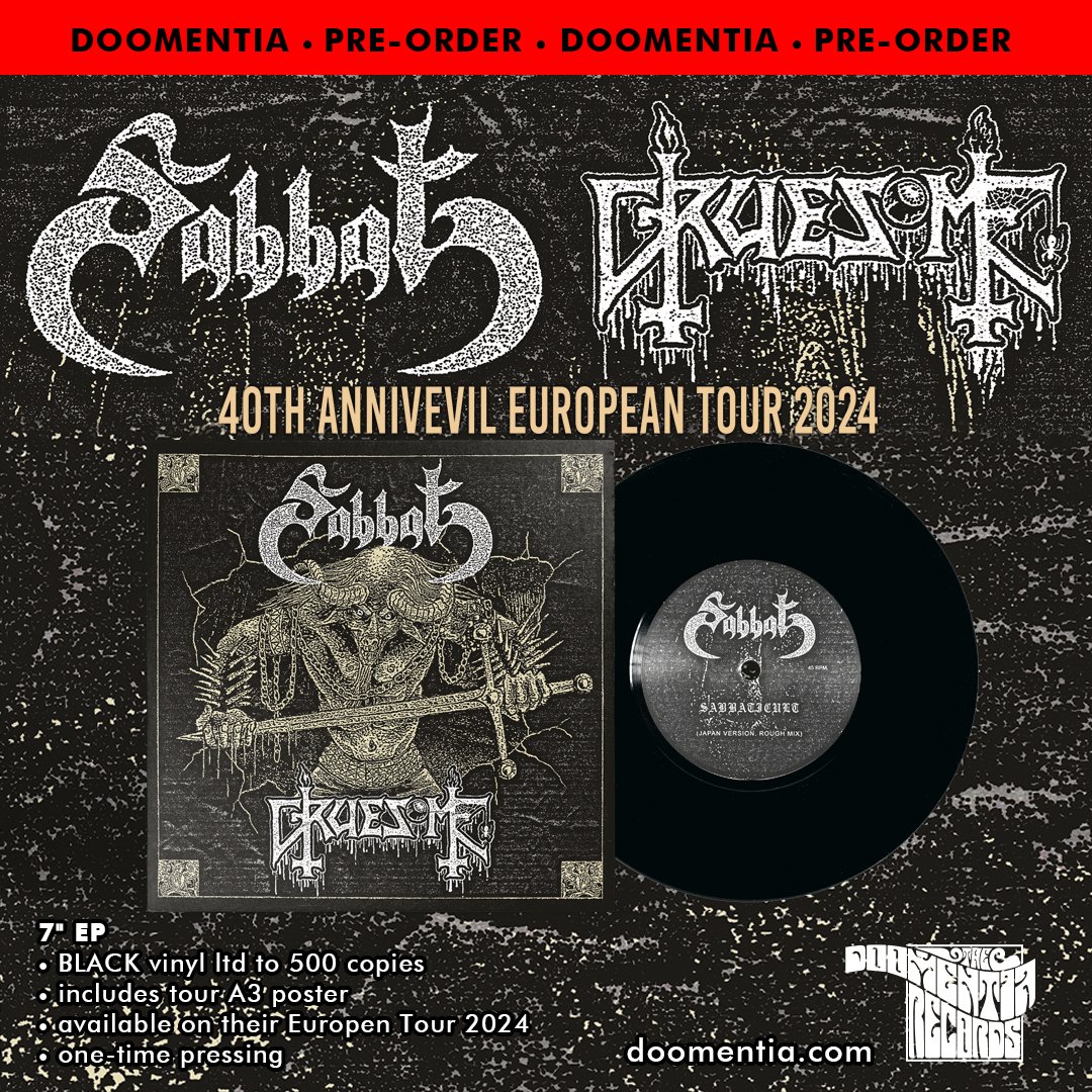 +++ ANNOUCEMENT & PRE-ORDER +++ SABBAT / GRUESOME 7' split EP Order: doomentia.com doomentiarecords.bandcamp.com - BLACK vinyl ltd. to 500 copies - Includes tour A3 poster - Available on their tour 2024 - One-time pressing #deathmetal #blackmetal #vinyl #vinylrecords