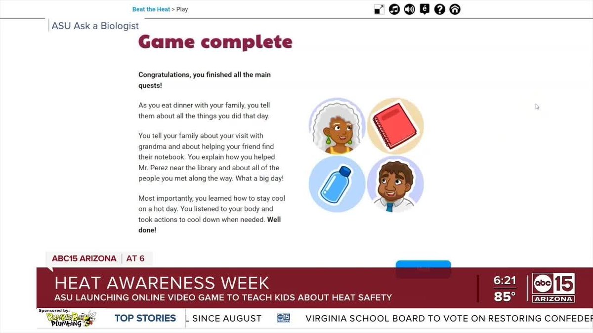 Learn more about ‘Beat the Heat’, an online educational game from @drbiology in this interview with @abc15 on how 'Ask A Biologist' teaches kids the importance of heat safety. Watch now: buff.ly/44FHPFG