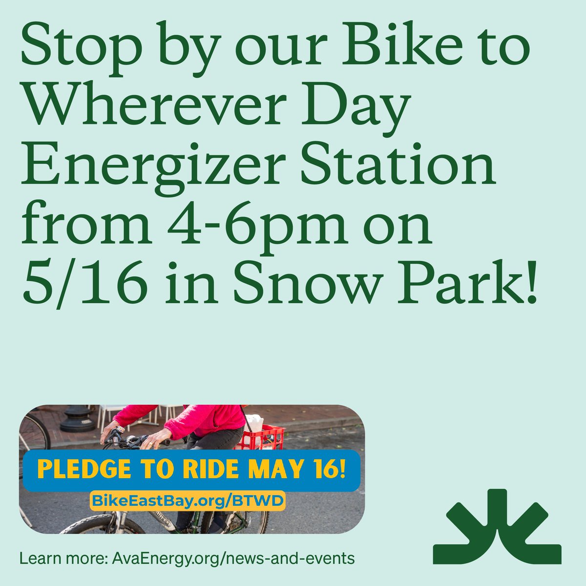 We’re celebrating Bike to Wherever Day with @BikeEastBay by hosting an Energizer Station! Visit us on May 16 between 4-6pm at Snow Park in Oakland to pick up your free tote bag, get counted, and celebrate the joy of biking. Pledge to ride: BikeEastBay.org/BTWD #BTWD2024