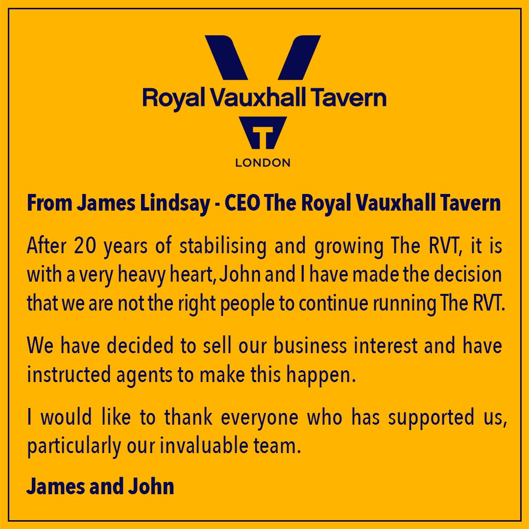 STATEMENT: From James Lindsay - CEO The Royal Vauxhall Tavern