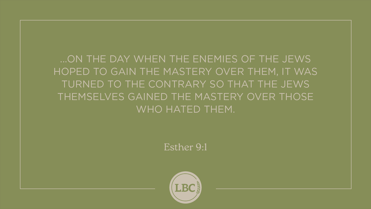 From today's reading:

...on the day when the enemies of the Jews hoped to gain the mastery over them, it was turned to the contrary so that the Jews themselves gained the mastery over those who hated them.— Esther 9:1

#ReachTeachUnleash
#LBCScripture
#LBC_DailyWalk
#liveoutward