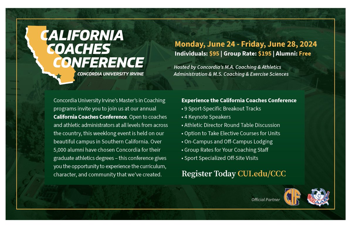 Concordia’s Master’s in Coaching programs summer term began on May 13th. This unique 11-week term includes online courses as well as in person one week intensive courses and the conference in beautiful Irvine. Registration is still open for summer courses. CUI.EDU/MCAA