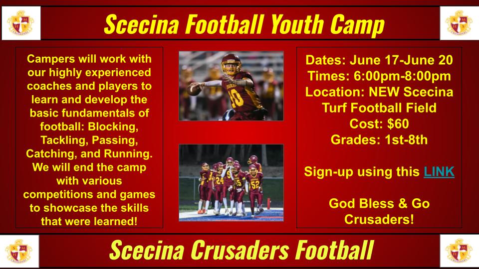 Future Crusaders, we want to see you this summer at our Scecina Youth Football Camp! Please see the attached flyer for more information. #EastsidePride Link: scecina.org/athletics/camp…