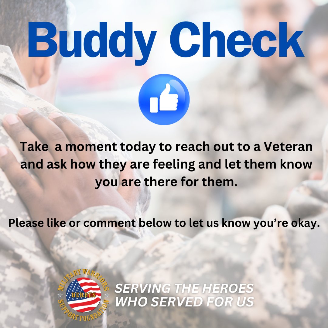 Take a moment to reach out to a veteran today. A simple check-in can make a big difference. Whether a text, a call, or a face-to-face chat, let's show our Heroes support #BuddyCheckIn #VeteranSupport #CombatWounded #MilitaryCommunity #SupportOurTroops #MentalHealthMatters