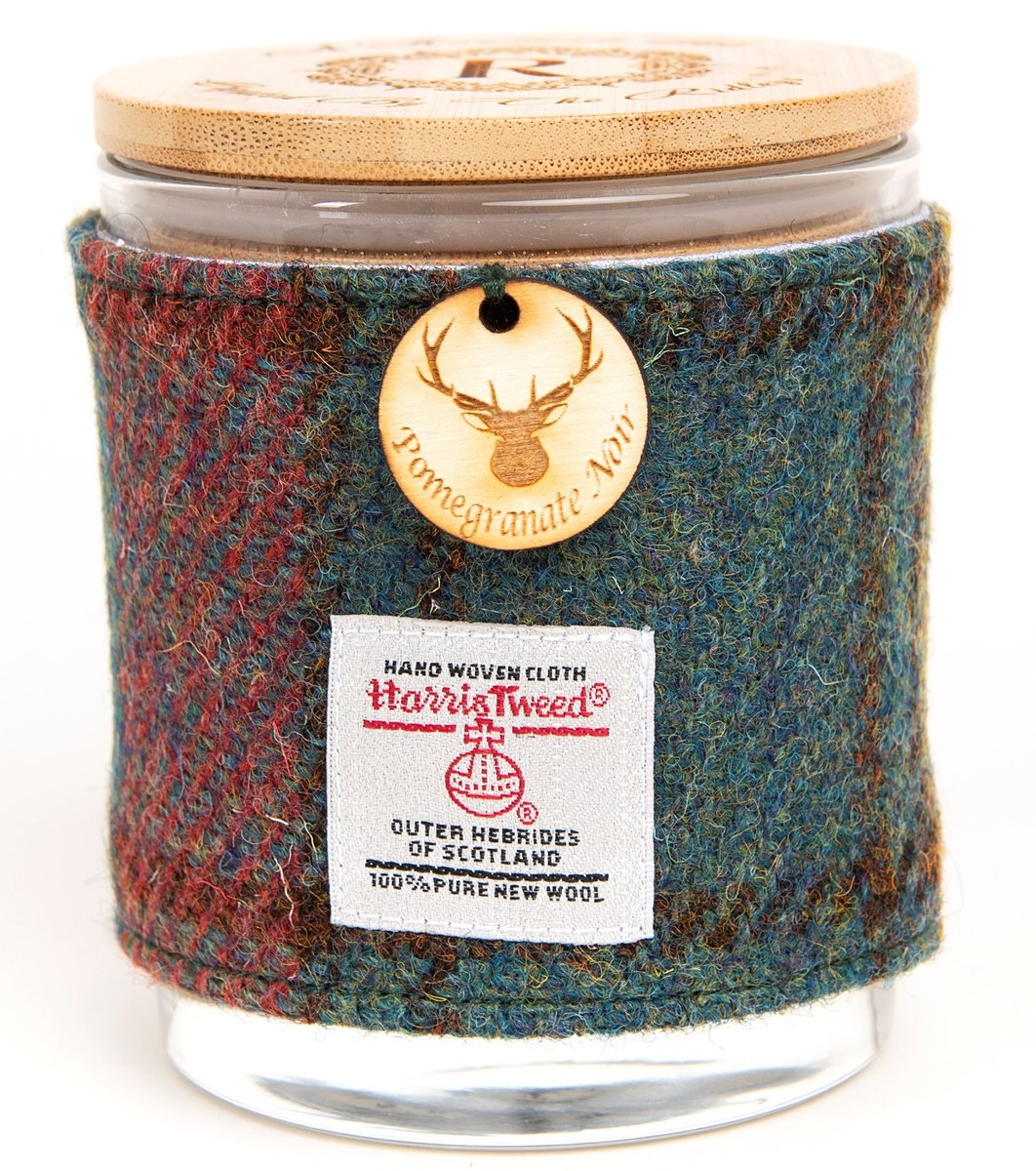 🍁🕯️ Unveil cosy allure with our Pomegranate Noir soy candle! 🍒🖤 Wrapped in stunning Harris Tweed, it's pure elegance and cosy vibes. Illuminate your space with this captivating scent. #pomegranatenoir nights! 🌙🍂 #harristweedcandles #harristweed #tweed #pomegranatenoir