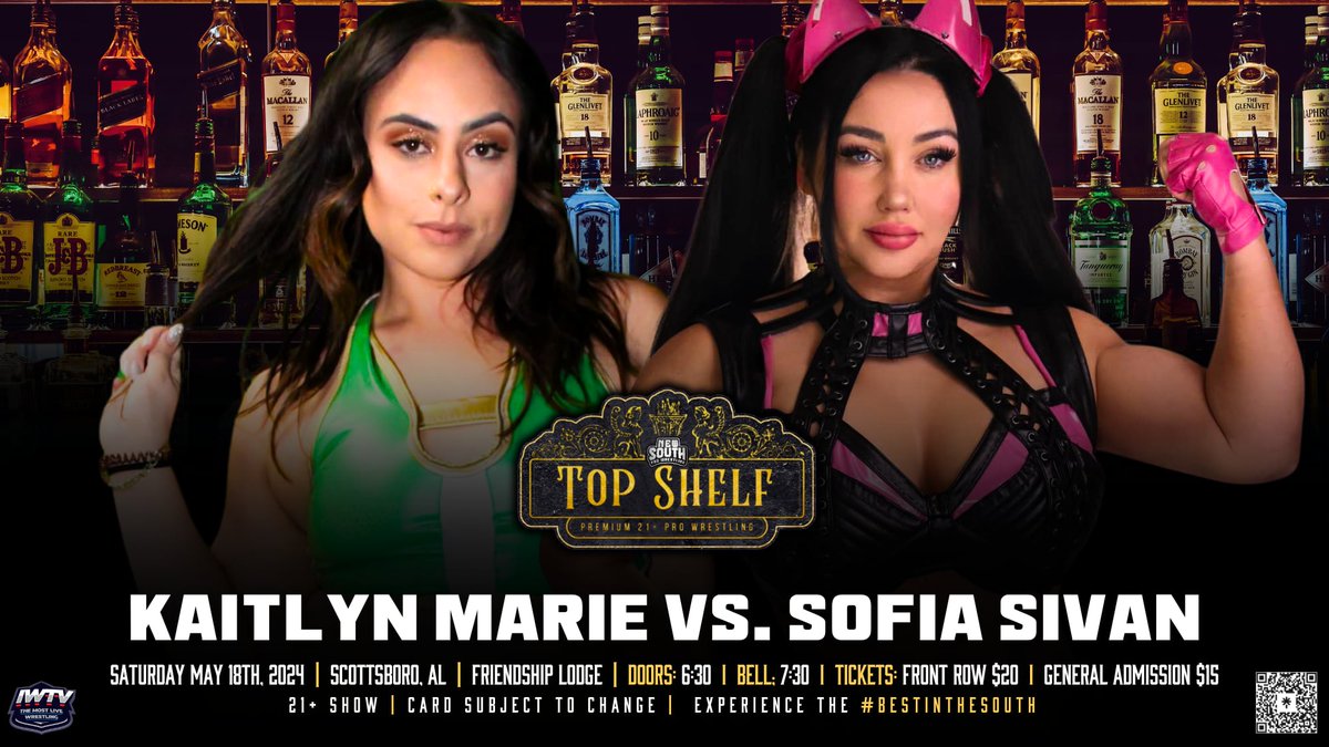 THIS SATURDAY Night May 18th Scotsboro AL at the The New Friendship Lodge TOP SHELF: 21&Up 💥Doors 630pm Bell Time 730pm Central 💰General Admission 15$ @KaitlynMariePro returns to take on International Cosplay Model turned pro wrestler @sofiasivan #BestInTheSouth filmed for