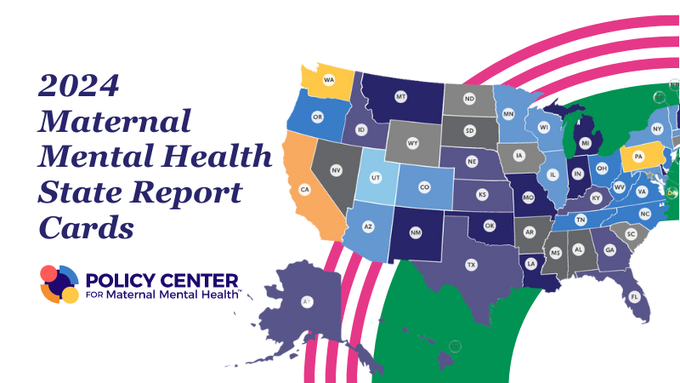 The U.S. continues to earn low grades for maternal mental health, new report card from @PolicyCenterMMH finds. Only three states do well enough at screening, treatment and programming to earn a B- or higher. Check out the grade for your state: policycentermmh.org/state-report-c… #MHAM2024