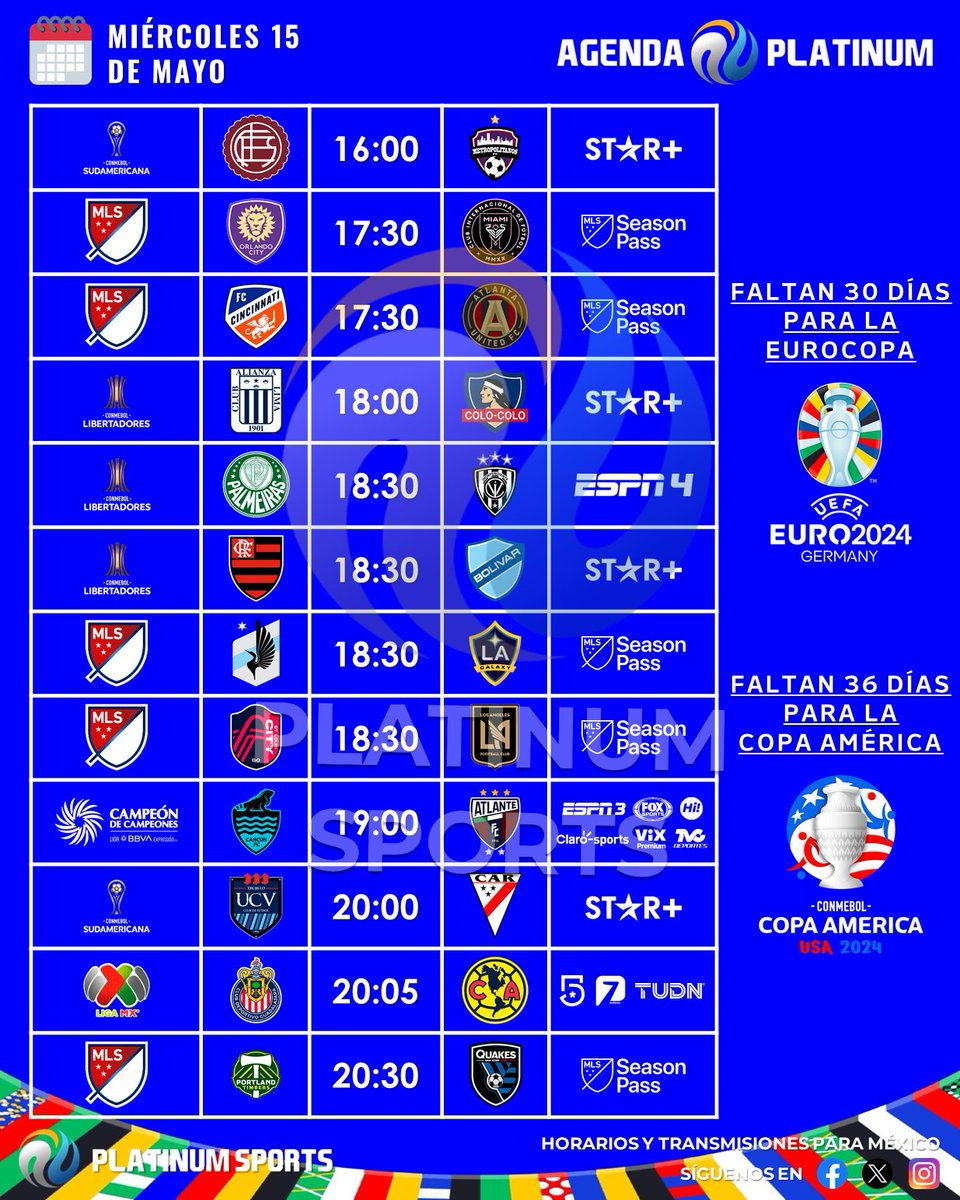 🇲🇽 #AgendaPLATINUM 
🗓️ Miércoles 15 de Mayo de 2024

⏰📺 Horarios y transmisiones para México.
⚠️ Sujeto a cambios.