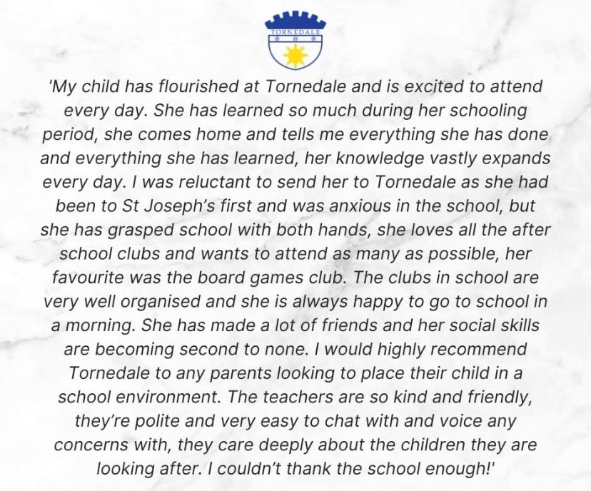 Tornedale Infant Academy (@tornedaleinfant) on Twitter photo Proud to share some recent feedback from a parent on our school survey.
At Tornedale we work closely as a team to give your children the best learning environment we can. š„°
#teamtornedale
<a href="/LegerEdTrust/">Leger Education Trust</a> Proud to share some recent feedback from a parent on our school survey.
At Tornedale we work closely as a team to give your children the best learning environment we can. š„°
#teamtornedale
<a href="/LegerEdTrust/">Leger Education Trust</a>
