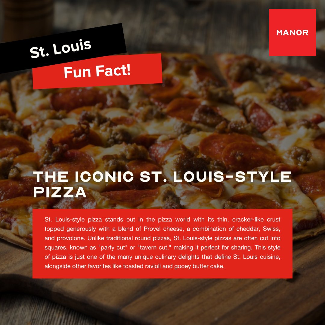 Discover the quirky side of pizza with St. Louis style! St. Louis style pizza boasts a unique twist – it's cut into squares, not slices! Perfect for sharing... or not.

#StLouisStylePizza #PizzaTrivia #ManorRealEstate #StLouis #CommercialRealEstate #FunFacts