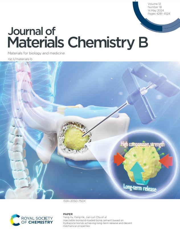 @JMaterChem B issue 18 inside front cover showcases work by Yang Xu, Fang He, Jian-Jun Chu et al. on an 'Injectable isoniazid-loaded bone cement based on hydrazone bonds achieving long-term release and decent mechanical properties' pubs.rsc.org/en/content/art…