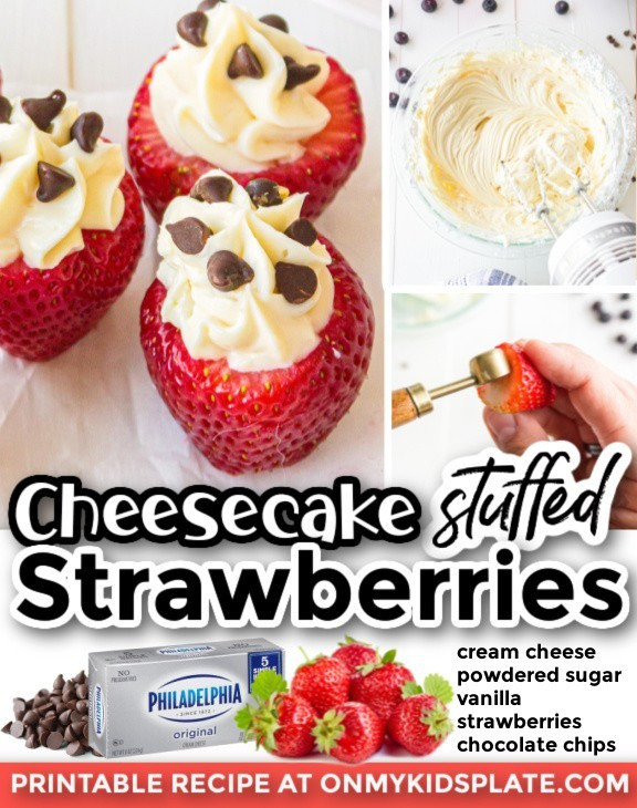 Cheesecake Stuffed Strawberries- So creamy on the inside with a pop of strawberry! Recipe: onmykidsplate.com/cheesecake-stu…