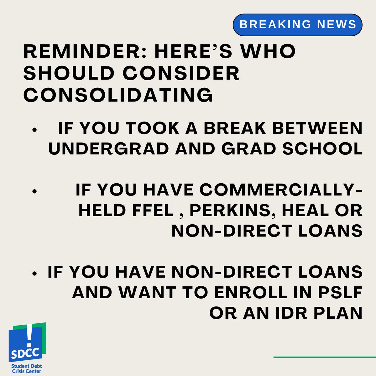 BREAKING: The consolidation deadline has been EXTENDED until June 30th, effectively allowing more borrowers to benefit from the IDR & PSLF Account Adjustment. Take a minute to see if you need to take action!