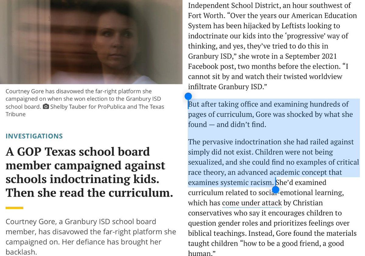 TEXAS TRIBUNE: “GOP school board member campaigned against schools indoctrinating kids… after winning, found the indoctrination she had railed against simply DID NOT EXIST. Children were not being sexualized, she could find no examples of CRT.” texastribune.org/2024/05/15/tex…