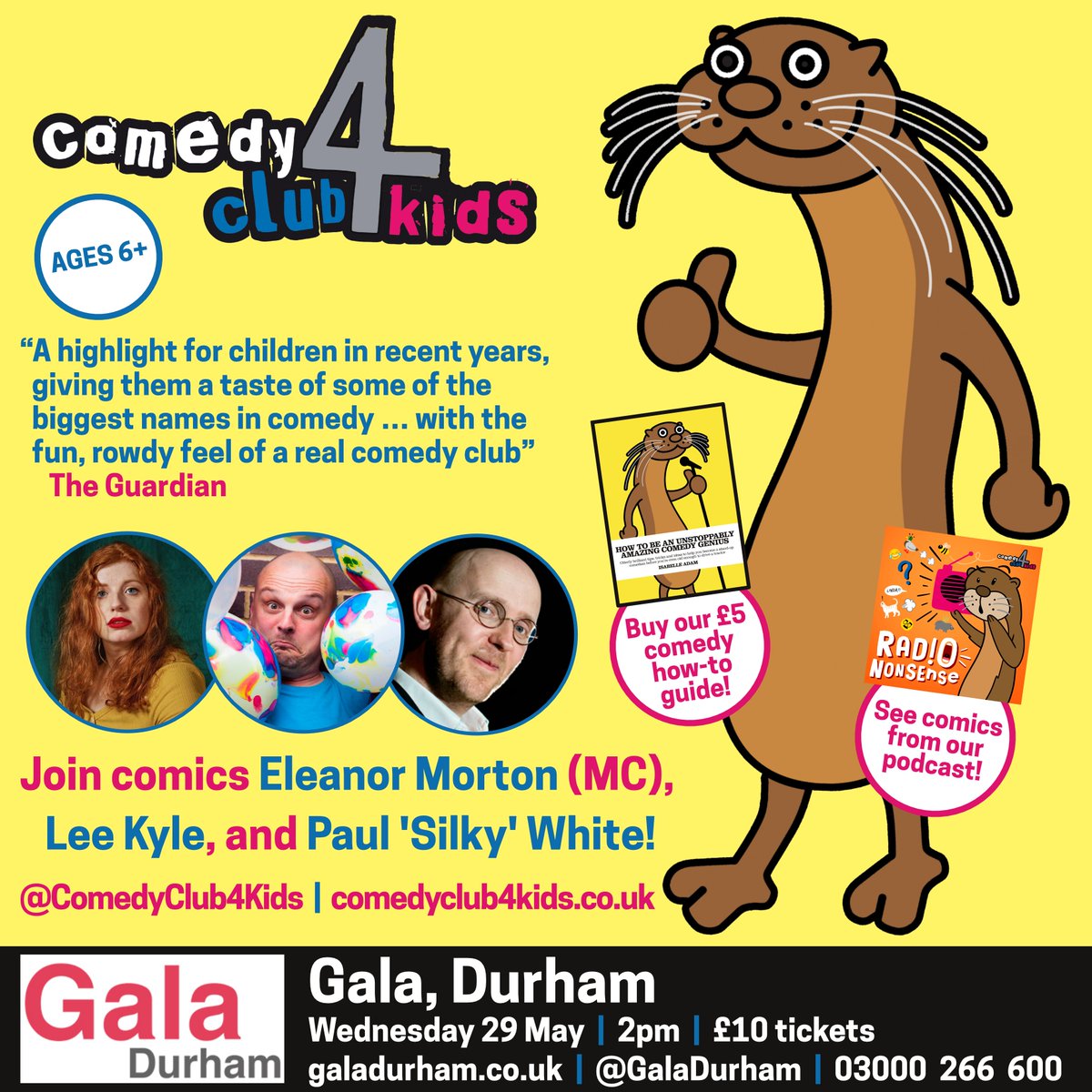 Durham! KIDS! We're bringing #familyfriendly stand-up and top-level silliness to @GalaDurham on Wednesday 29th May: join us to see @EleanorMorton, @ImLeeKyle and @paulsilkywhite! 🎟️galadurham.co.uk/galapost/comed…