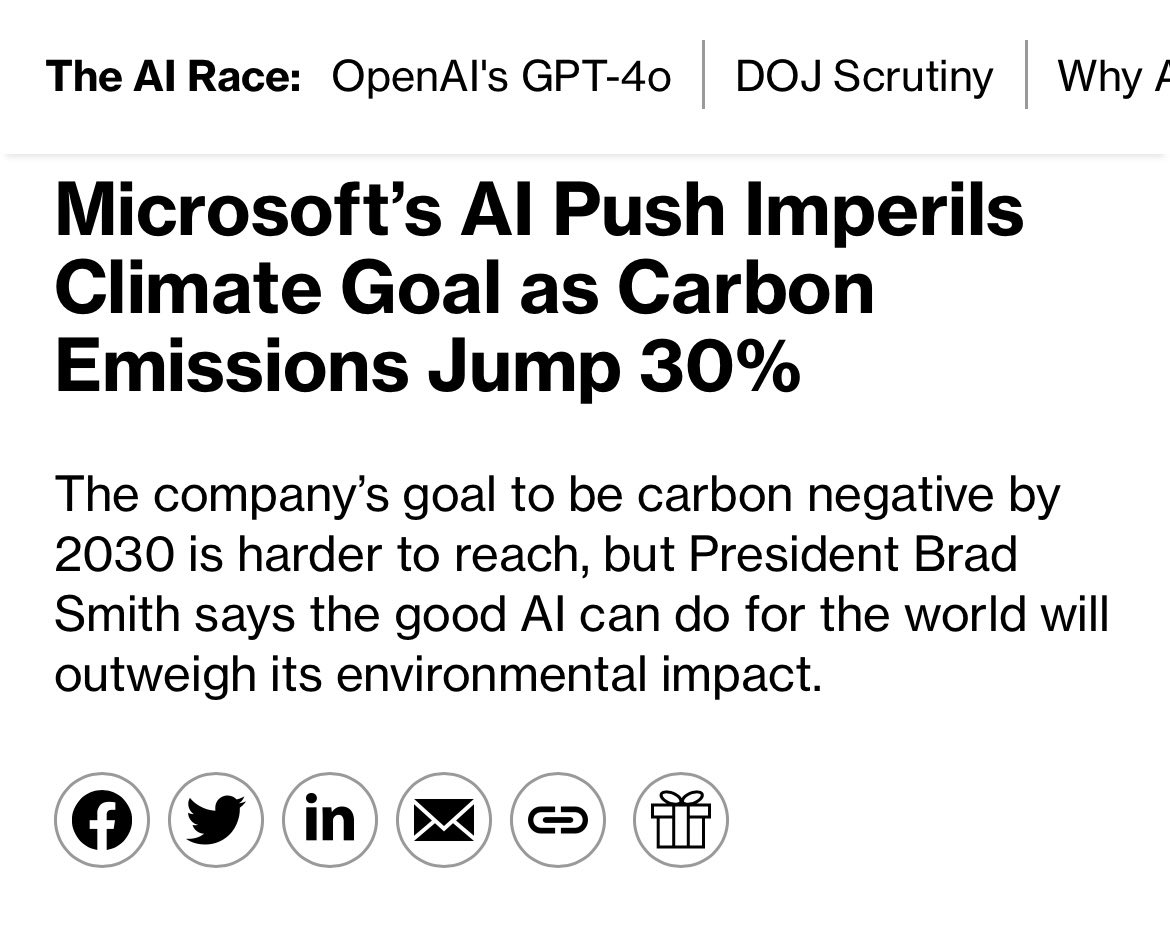 👎👎👎👎👎 'When Microsoft Corp. pledged four years ago to remove more carbon than it emits by the end of the decade, it was one of the most ambitious and comprehensive plans to tackle climate change. Now the software giant's relentless push to be the global leader in artificial