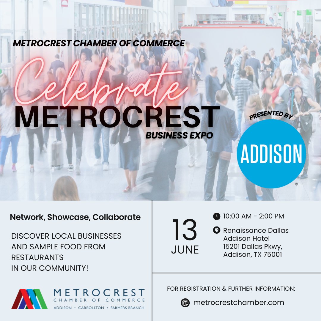 Are you ready to Celebrate Metrocrest? 🎉

Booths are available at metrocrestchamber.com 

#celebratemetrocrest #businessexpo