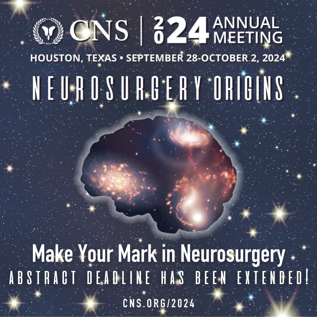 Great news—the deadline to submit your abstracts for #2024CNS has just been extended to May 20! Gain recognition for your hard work and join us for the most exciting neurosurgical meeting of the year in Houston, TX: cns.org/2024 #abstracts
