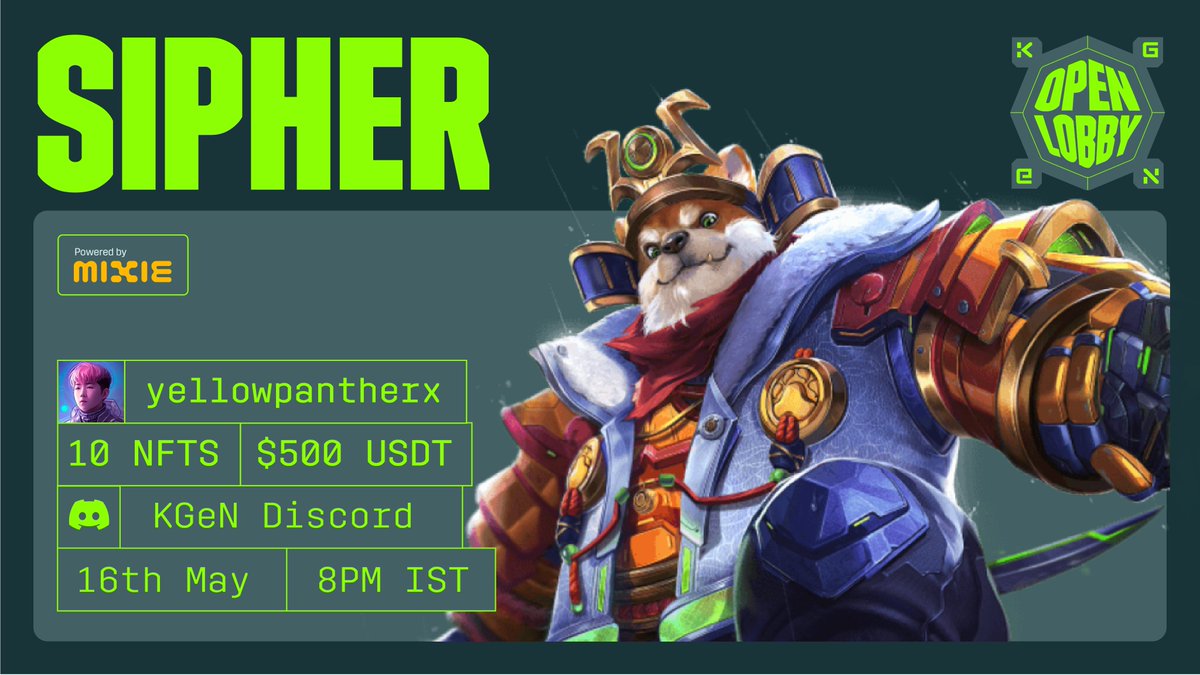 KGeN_Community's tweet image. FOLKS, @playSIPHER TOMORROW NIGHT??

We know it’s a yes — so join the KGeN Open Lobby powered by @Mixieai on the KGeN Discord! 

We have the OG @yellowpantherx joining us tomorrow. Cool innit?

When you may ask?  May 16th

Time: 8:00 pm IST | 2:30 pm UTC

Where? KGeN Discord