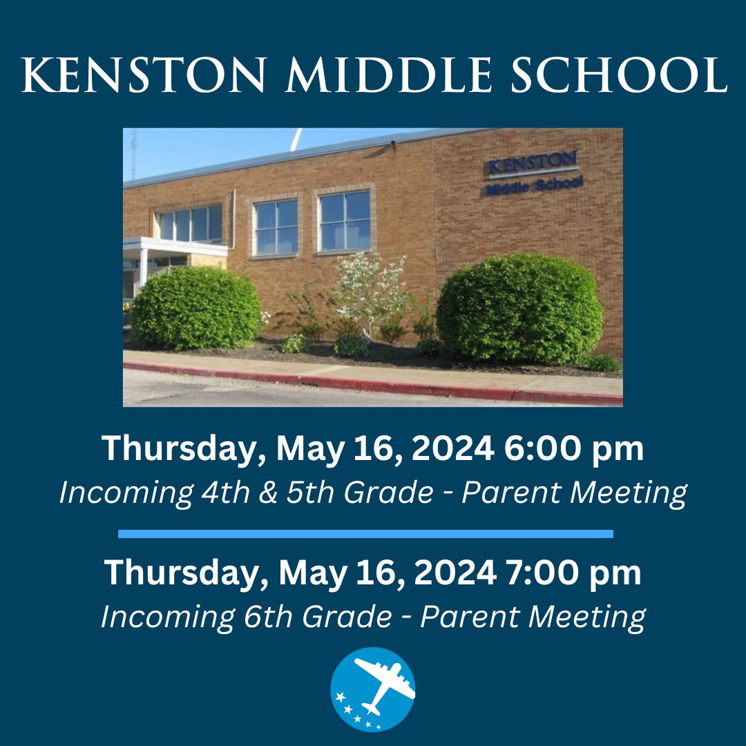 Friendly Reminder of the Kenston Middle School Parent Meetings tomorrow night, Thursday, May 16. The incoming 4th and 5th Grade parent meeting will be at 6 pm and the incoming 6th grade parent meeting will be at 7 pm. #KenstonSchools #KenstonInspired