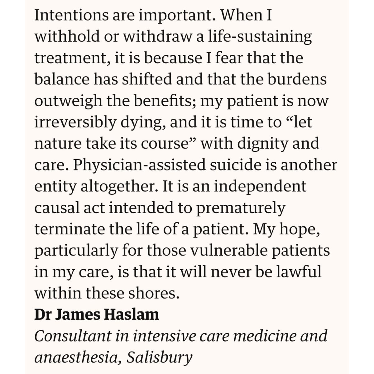 ✍🏻 ‘Withholding or withdrawing futile treatments is not and never has been… “assisted dying” [which] is the modern euphemism for physician-#assistedsuicide and #euthanasia, both forms of medicalised killing.’ theguardian.com/society/articl…