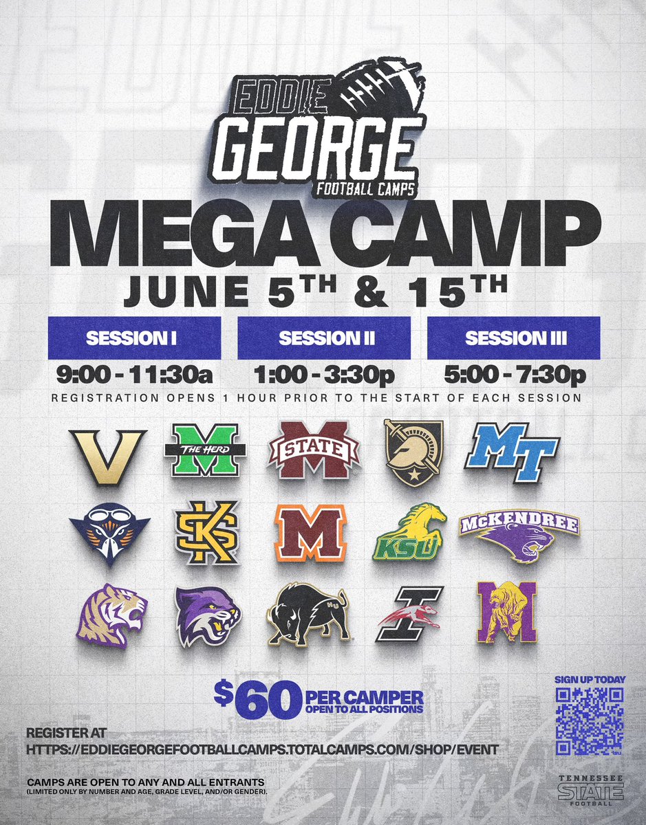 You won’t want to miss the @EddieGeorge2727 Football Mega Camps 🏈🏕️ Get signed up 𝙩𝙤𝙙𝙖𝙮 as we’re just over 20 days out from our June 5th camp and a month away from our June 15th camp! ✍️ bit.ly/3PoPBxw #RoarCity x #GUTS