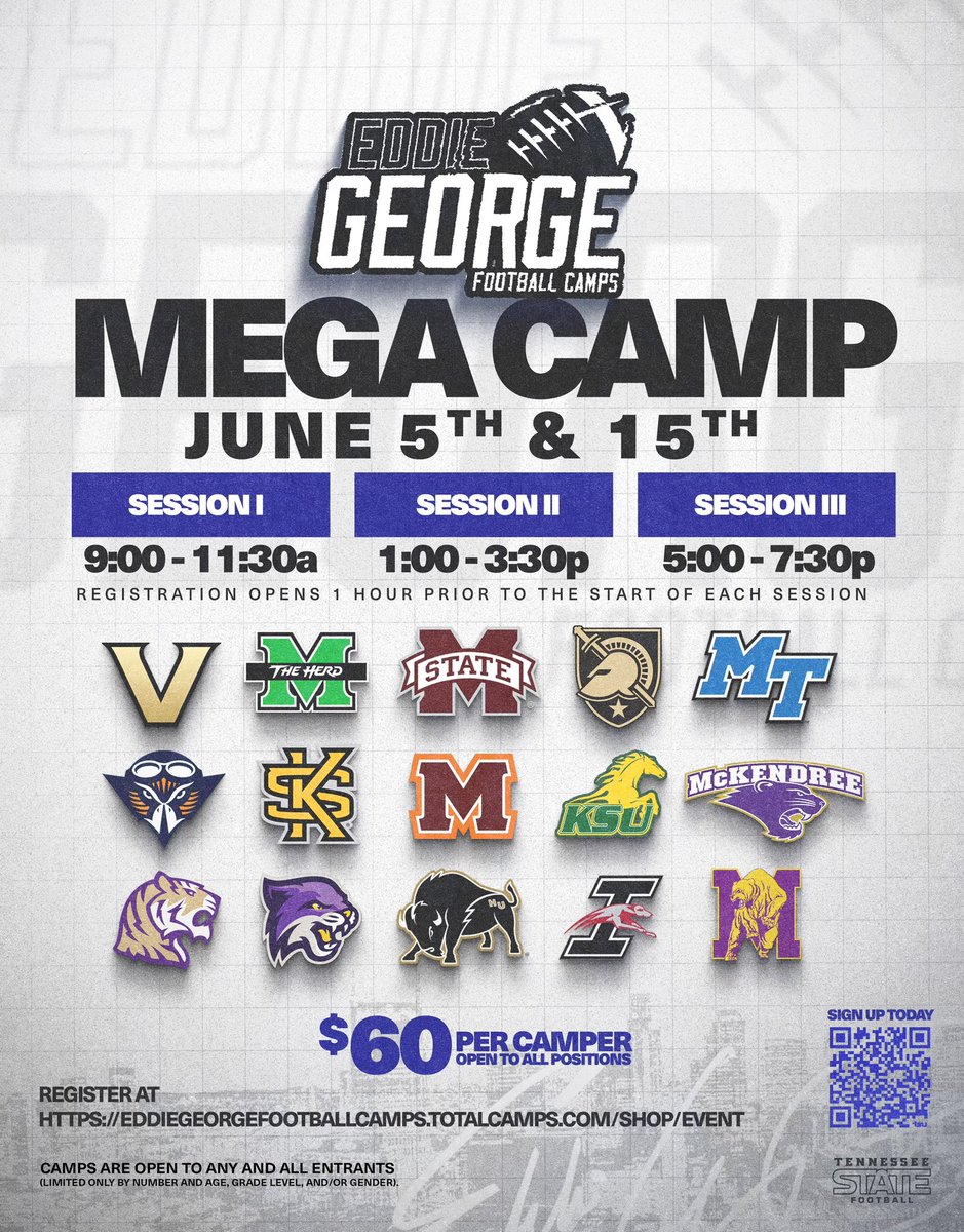 You won’t want to miss the <a href="/EddieGeorge2727/">Eddie George</a> Football Mega Camps 🏈🏕️

Get signed up 𝙩𝙤𝙙𝙖𝙮 as we’re just over 20 days out from our June 5th camp and a month away from our June 15th camp!

✍️ bit.ly/3PoPBxw

#RoarCity x #GUTS