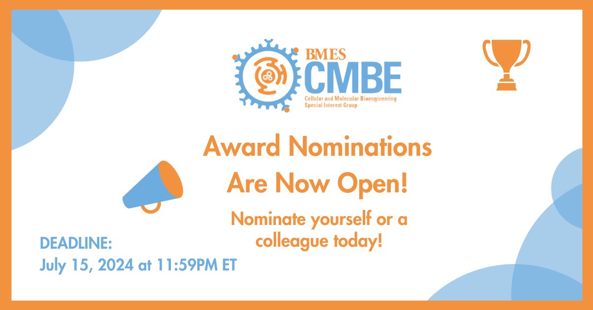 🏆 Nominations are OPEN for the 2025 BMES CMBE Awards! 🎉 Join us in celebrating groundbreaking research and leadership in Cellular and Molecular Bioengineering. Submit your nominations: hubs.ly/Q02w_hcB0 #BMESCMBE