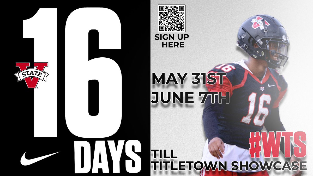VState_Football's tweet image. 🔴⚫️16 DAYS LEFT⚫️🔴

We are 16 days from Titletown Showcase 1📅

May 31st and June 7th, its going down in Titletown. Don't miss your chance to sign up to compete‼️

Use the QR Code or this link to sign up⬇️
tinyurl.com/3tmtnpxx

#WTS