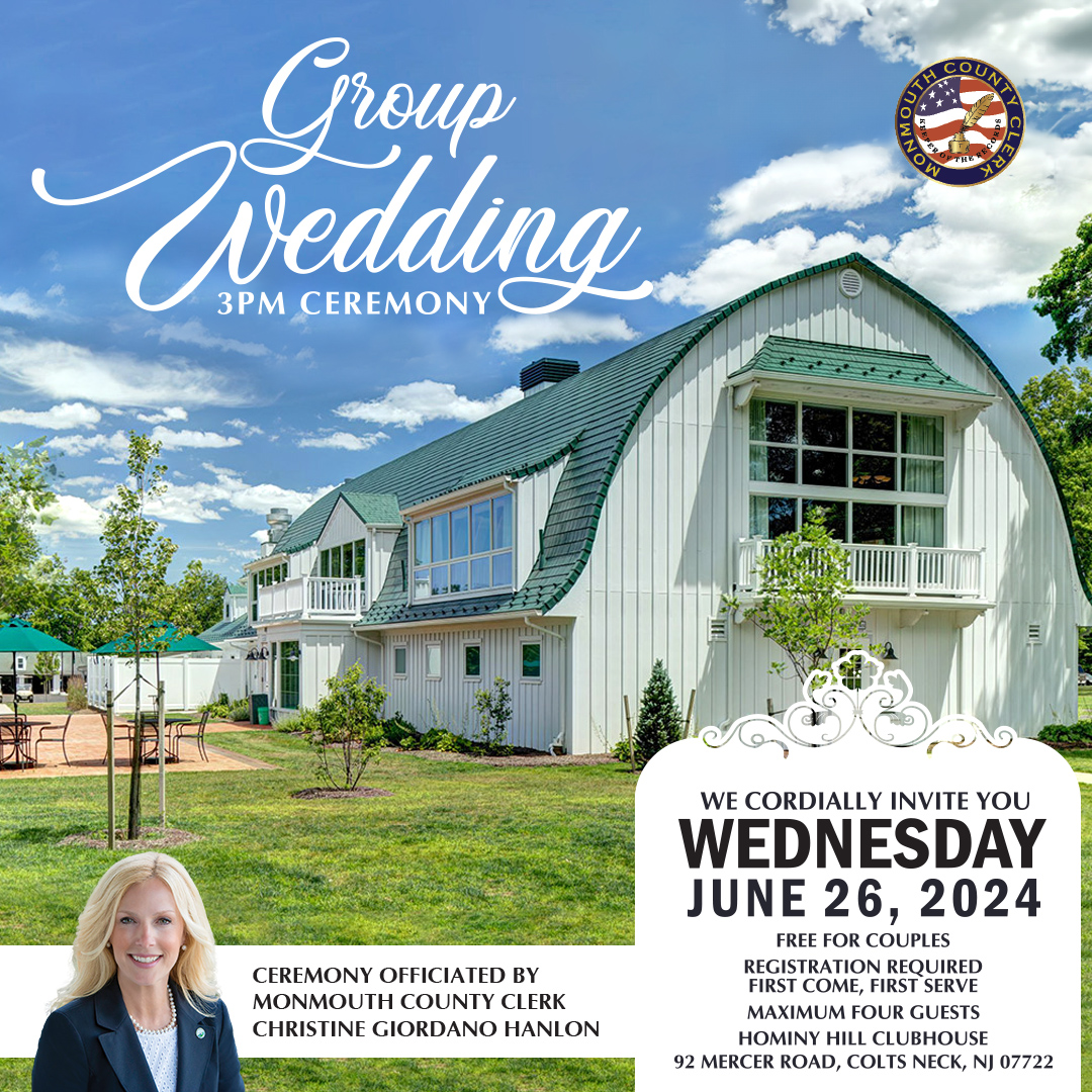 Attention engaged couples! 💍County Clerk @ChristineHanlo1 will officiate @MonmouthCoClerk's 1st GROUP WEDDING on 6/26! We're seeking #monmouthcounty couples to tie the knot 🫶 at this special ceremony at Colts Neck's Hominy Hill! Learn more at tinyurl.com/MCGroupWed