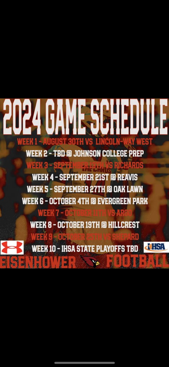 Eisenhower Cardinal Football (@ddefootball) on Twitter photo 🚨 2024 SCHEDULE 🚨
<a href="/EDGYTIM/">Timothy “EDGYTIM” OHalloran</a> <a href="/DeepDishFB/">DEEP DISH FOOTBALL</a> <a href="/PrepRedzoneIL/">Prep Redzone Illinois</a> <a href="/mikeclarkpreps/">MikeClarkPreps</a> <a href="/michaelsobrien/">Michael O'Brien</a> <a href="/Millar_S/">Steve Millar</a> <a href="/JeffVorva/">Jeff Vorva</a> <a href="/thesouc/">Steve Soucie</a> <a href="/DailySouthtown/">Daily Southtown</a> <a href="/ChiTribPreps/">Chicago Tribune High School Sports</a> <a href="/suntimes_preps/">Sun-Times Preps</a> <a href="/IKECardinals/">Eisenhower Cardinals Athletics</a> @SincreHarris55 <a href="/andrelovett_cfk/">Andre “Mr.WalkDown” Lovett</a> <a href="/taquariusrochon/">Taquarius “TQ” rochon</a> <a href="/darione_lee/">Darion”Magician🪄” Lee</a> <a href="/KhamarionWade/">KHAMARION “MARI” WADE 2025</a> <a href="/10k_dame/">Damian (Ðølla) Lewis</a> <a href="/Keon_Veal/">ImKeonVeal</a> 🚨 2024 SCHEDULE 🚨
<a href="/EDGYTIM/">Timothy “EDGYTIM” OHalloran</a> <a href="/DeepDishFB/">DEEP DISH FOOTBALL</a> <a href="/PrepRedzoneIL/">Prep Redzone Illinois</a> <a href="/mikeclarkpreps/">MikeClarkPreps</a> <a href="/michaelsobrien/">Michael O'Brien</a> <a href="/Millar_S/">Steve Millar</a> <a href="/JeffVorva/">Jeff Vorva</a> <a href="/thesouc/">Steve Soucie</a> <a href="/DailySouthtown/">Daily Southtown</a> <a href="/ChiTribPreps/">Chicago Tribune High School Sports</a> <a href="/suntimes_preps/">Sun-Times Preps</a> <a href="/IKECardinals/">Eisenhower Cardinals Athletics</a> @SincreHarris55 <a href="/andrelovett_cfk/">Andre “Mr.WalkDown” Lovett</a> <a href="/taquariusrochon/">Taquarius “TQ” rochon</a> <a href="/darione_lee/">Darion”Magician🪄” Lee</a> <a href="/KhamarionWade/">KHAMARION “MARI” WADE 2025</a> <a href="/10k_dame/">Damian (Ðølla) Lewis</a> <a href="/Keon_Veal/">ImKeonVeal</a>