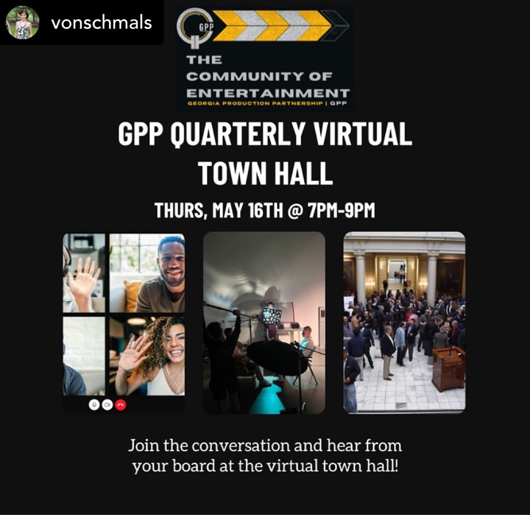 Join us tomorrow night for GPP’s virtual town hall meeting 🎬🍑 

🗓️ Thursday, May 16
⏰ 7pm to 9pm
☑️ Register on GeorgiaProduction.org 

#gafilm #atlanta #georgia #filmindustry