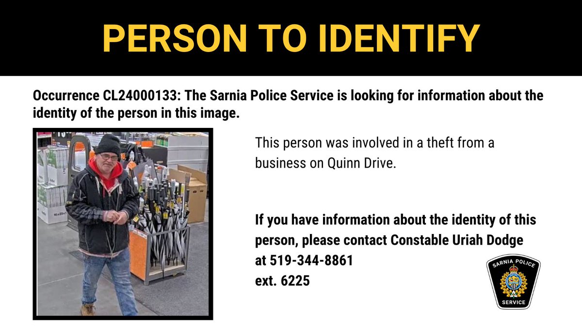 If you have information about the individual in this image, please contact us at 519-344-8861 ext. 6225 or call Crime Stoppers at 1-800-222-8477.

#SarniaPolice #WantedWednesday #CommunityCrimeUnit