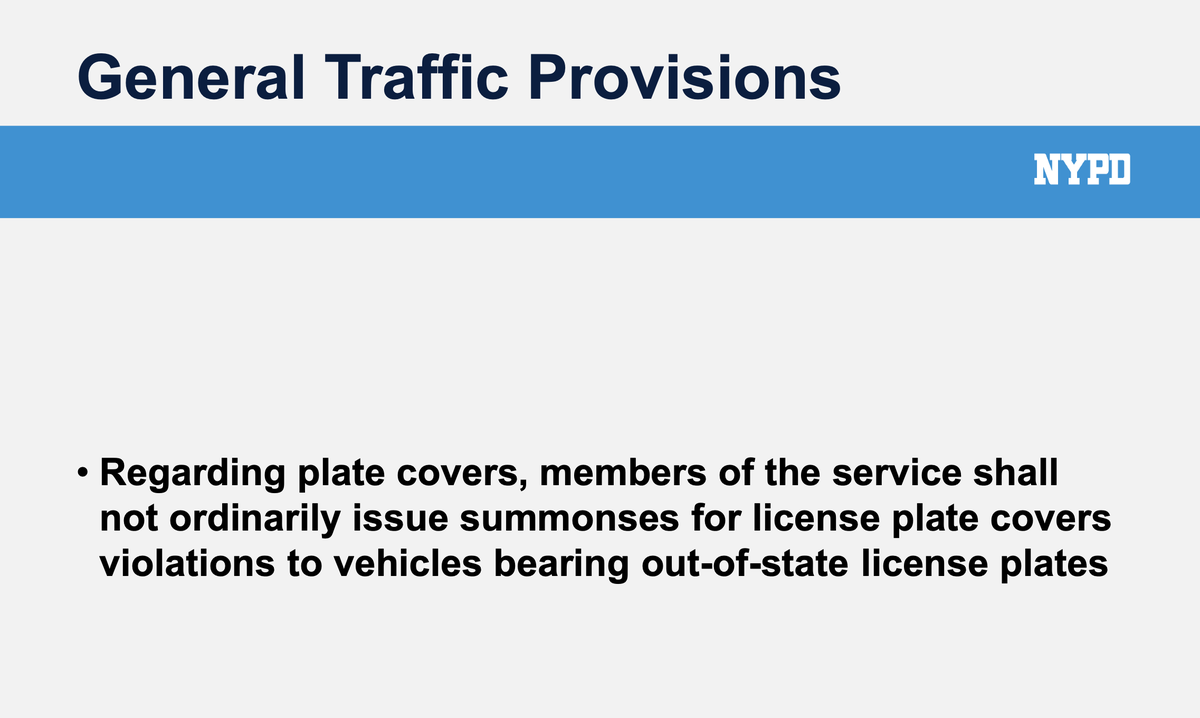 New FOIL: Internal parking permit guidelines and studies prepared by NYC DOT and NYPD. This directive from police academy training document says cops should generally not ticket out of state vehicles with plate covers