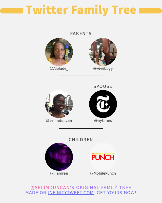 👨‍👩‍👧‍👦 My Twitter Family:
👫 Parents: <a href="/Alolade_/">Alọ́ládé</a> <a href="/Viviibbyy/">𝓥𝓲𝓿𝓲𝓪𝓷</a>
👰 Spouse: <a href="/nytimes/">The New York Times</a>
👶 Children: <a href="/iiiamree/">ree</a> <a href="/MobilePunch/">Punch Newspapers</a>

➡️ infinitytweet.me/family-tree