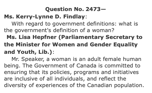 Tory MP asks Liberal government how it defines a 'woman.' ourcommons.ca/DocumentViewer…