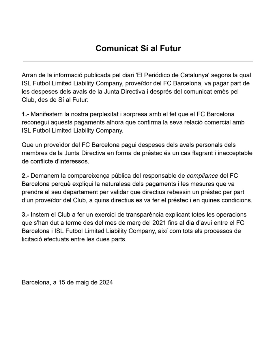 NosaltresFCB's tweet photo. Comunicat de Sí al Futur https://t.co/VkzRkMyHs3