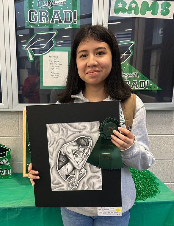 Congratulations to Ashley for winning 3rd place at the 2024 Mayde Creek Retrospective show. Ashley is a sophomore in @joshorregano Drawing 1 class and is also a member of the @MCHSMartinettes !