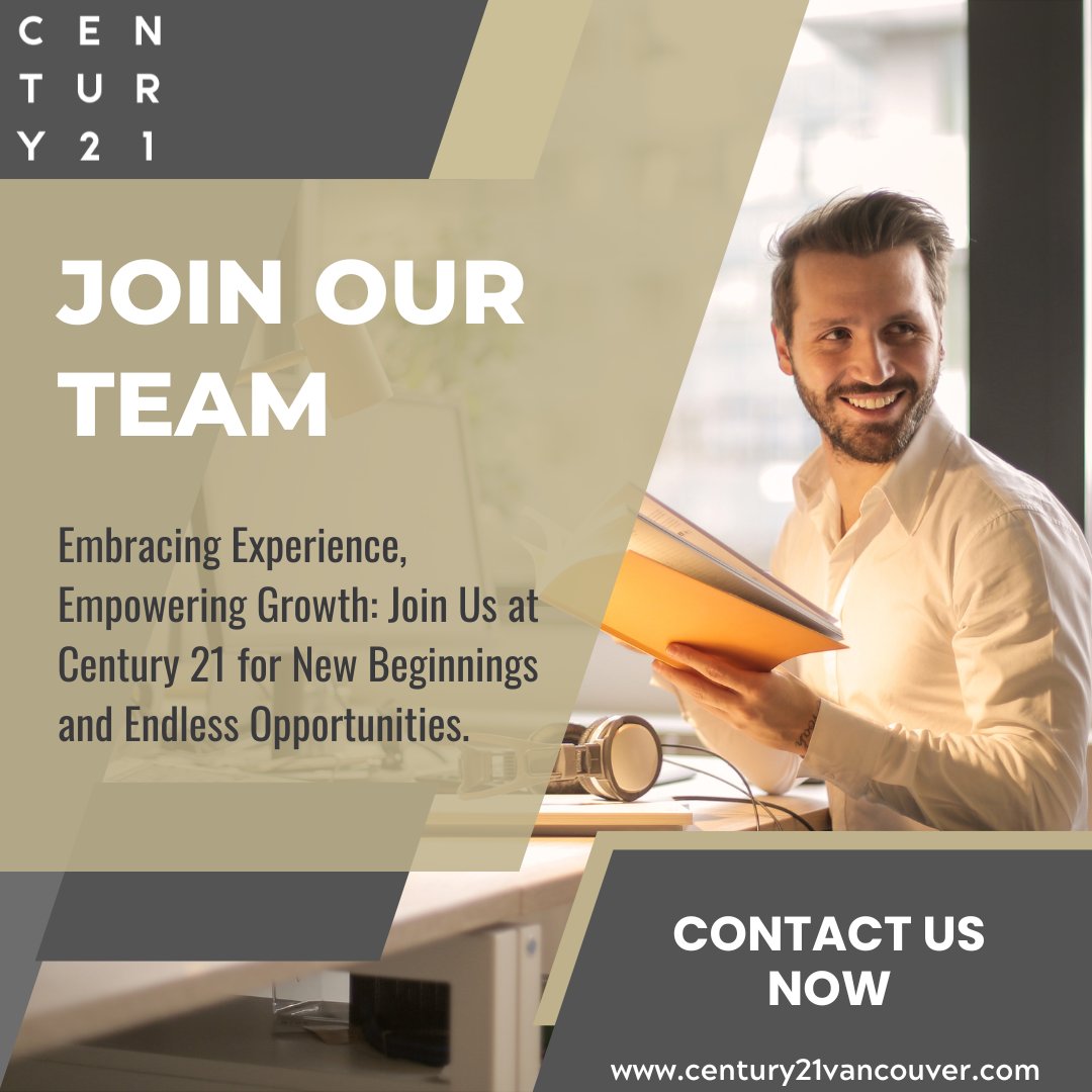 Ready for new beginnings and endless opportunities? Join us at Century 21, where we embrace experience and empower growth. 

century21vancouver.com

#Century21 #century21intownrealty #century21vancouver #Century21Canada #century21realtor #century21agent #IndustryExperts