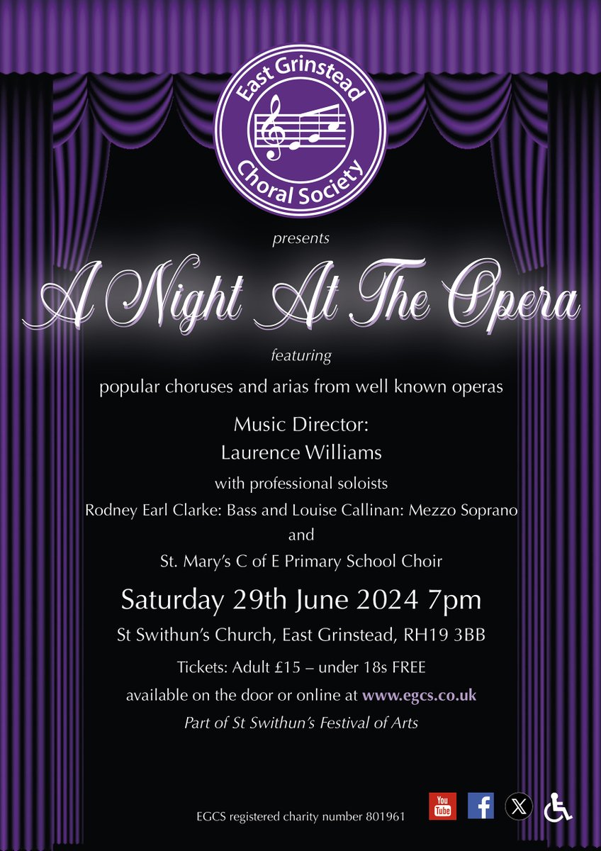 Tickets for our summer concert are on sale now! Join us for A Night at the Opera - popular choruses and arias from well-known operas including March of the Toreadors, the Anvil Chorus, the Hebrew Slaves Chorus & Nessun Dorma. Sat 29th June #EastGrinstead bit.ly/4bjkNHo