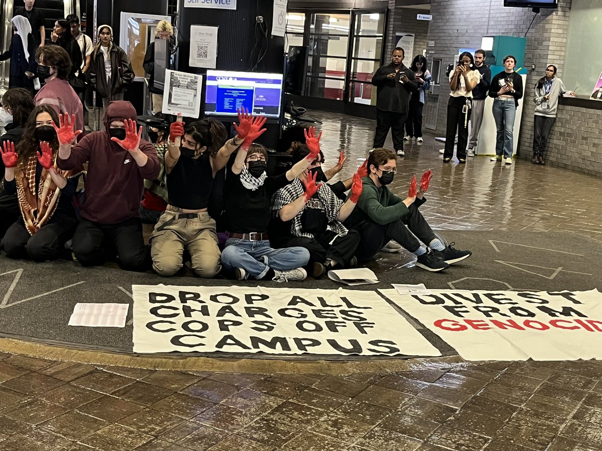 Some chants from the CCNY action today: “There is not a felony/let all our students free” “Students are not criminals/you’re in bed with Israel” “CUNY puts its rubber stamp/on concentration camps” “Drop, drop the felonies/let, let our students free”