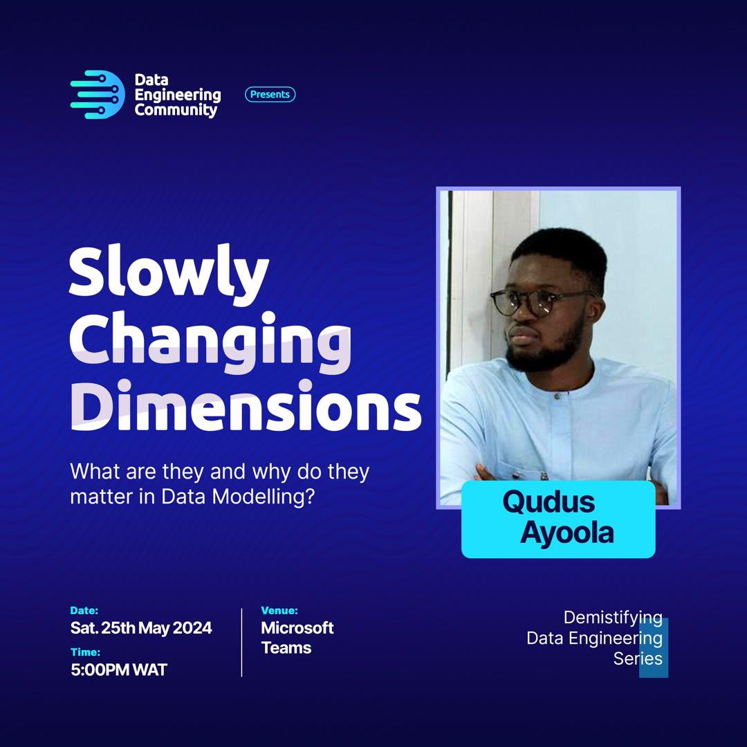 📢 Exciting News! Join our upcoming webinar on Slowly Changing Dimensions with @ay0_0la an experienced data engineer with experience across Data Warehousing, Data Quality, Master Data Management and Report Automation. 

#dataengineering #analyticsengineering