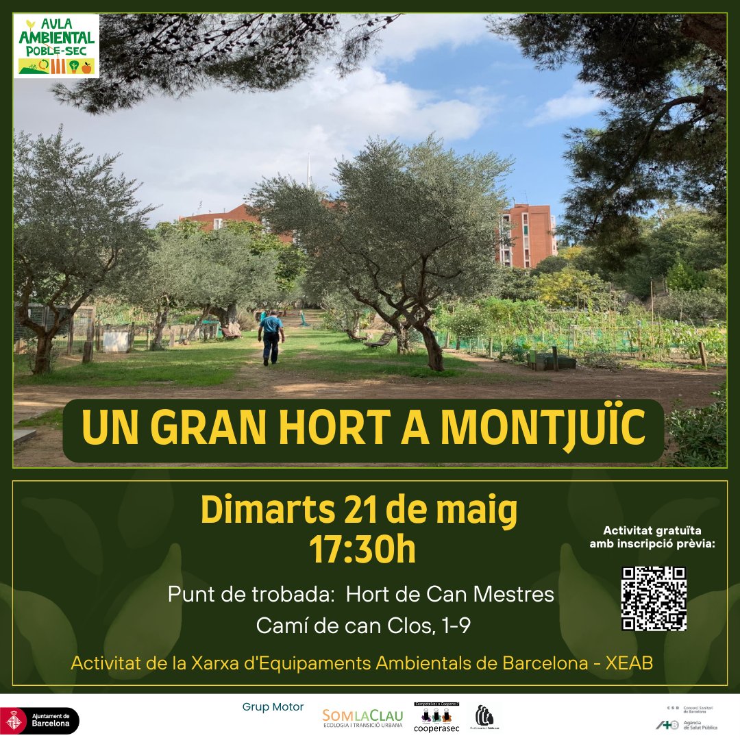 AulaAmbientalPS's tweet photo. Us convidem a visitar l'hort de Can Mestres a Montjuïc!
Cultius i animals conviuen en aquest gran hort d’11.000 m². 
Activitat gratuïta organitzada per la XEAB

Inscripcions: https://t.co/cPAz8Dx03i https://t.co/8xe3QSP7hY