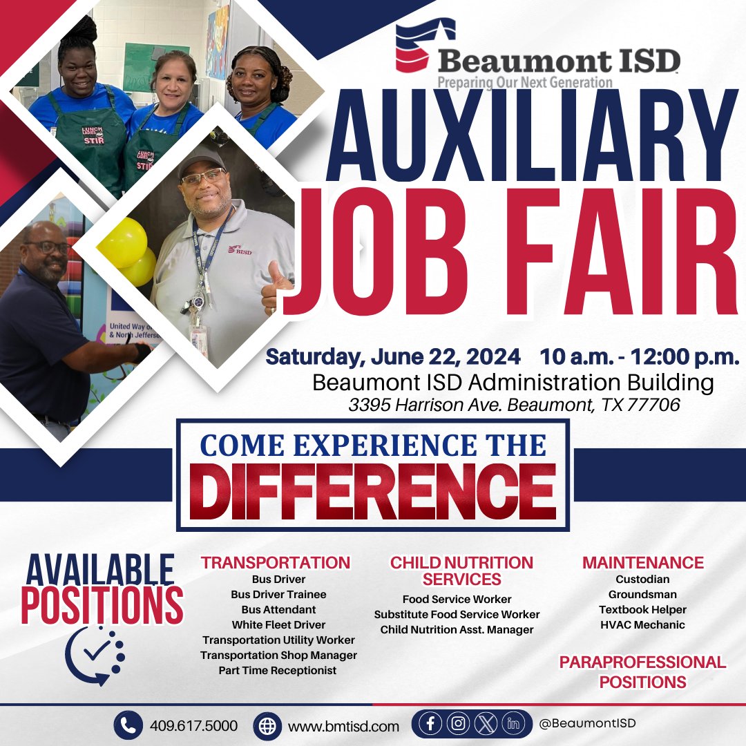 📅 Mark your calendars for the BISD Auxiliary Job Fair on Saturday, June 22, 2024! 🎉 Come and experience the difference in BISD as we're looking for passionate individuals to join our team. Visit ow.ly/6CBU50RHmN9 to learn more! #JobFair #JoinOurTeam