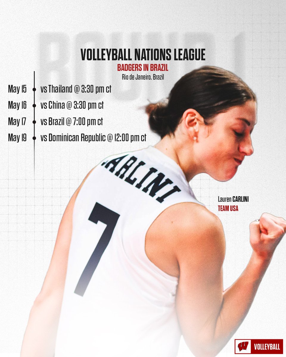 𝐔𝐒𝐀! 𝐔𝐒𝐀! Round 1 of the Volleyball Nations League begins today for Team USA. Catch Badger alum, @laurencarlini and @usavolleyball as they compete in Rio de Janeiro, Brazil this week! ℹ️: bit.ly/4bgBFhV