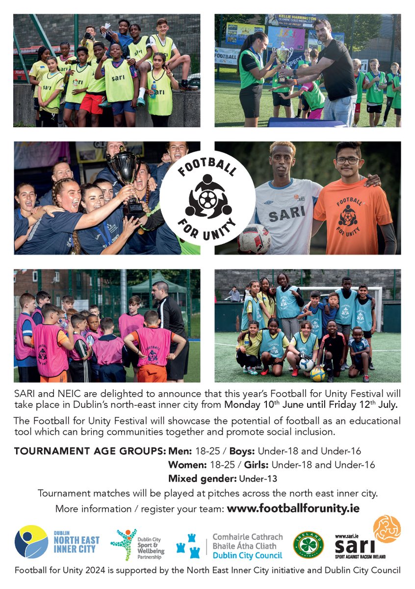 SARI and <a href="/NEIC_Dublin/">NEIC</a>  are delighted to announce that this year's #FootballforUnity Festival will take place in Dublin's north east inner city from June 10th until July 12th. Team registration is now open. footballforunity.ie