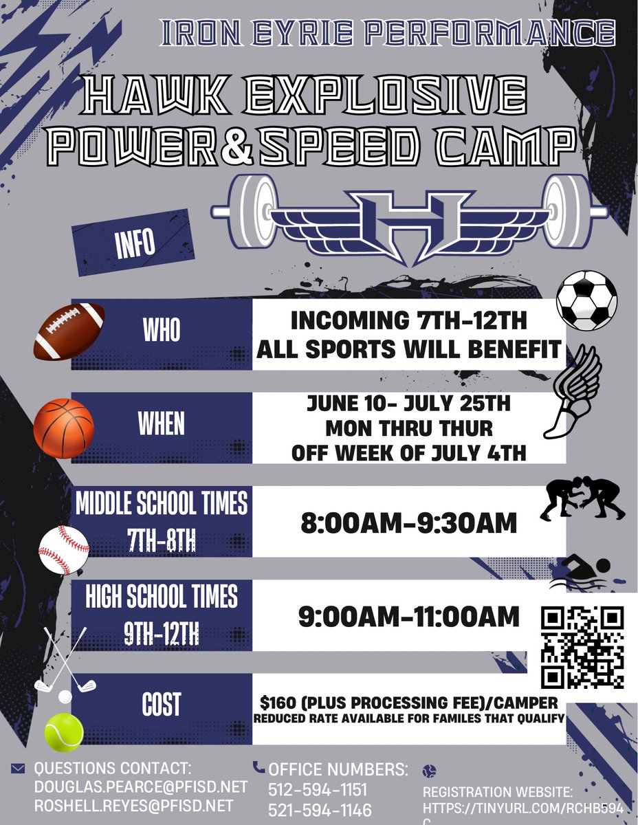 Make sure to sign up for the Iron Eyrie Performance Summer Explosive Power & Speed Camp! Best $ for the # of weeks & hours & quality of coaching! Great for ALL sports to get ready for 24-25 seasons! tinyurl.com/3utjjvrx @HendricksonBB @Hawk_Hoops @HawkNationHHS @PfISDAthletics