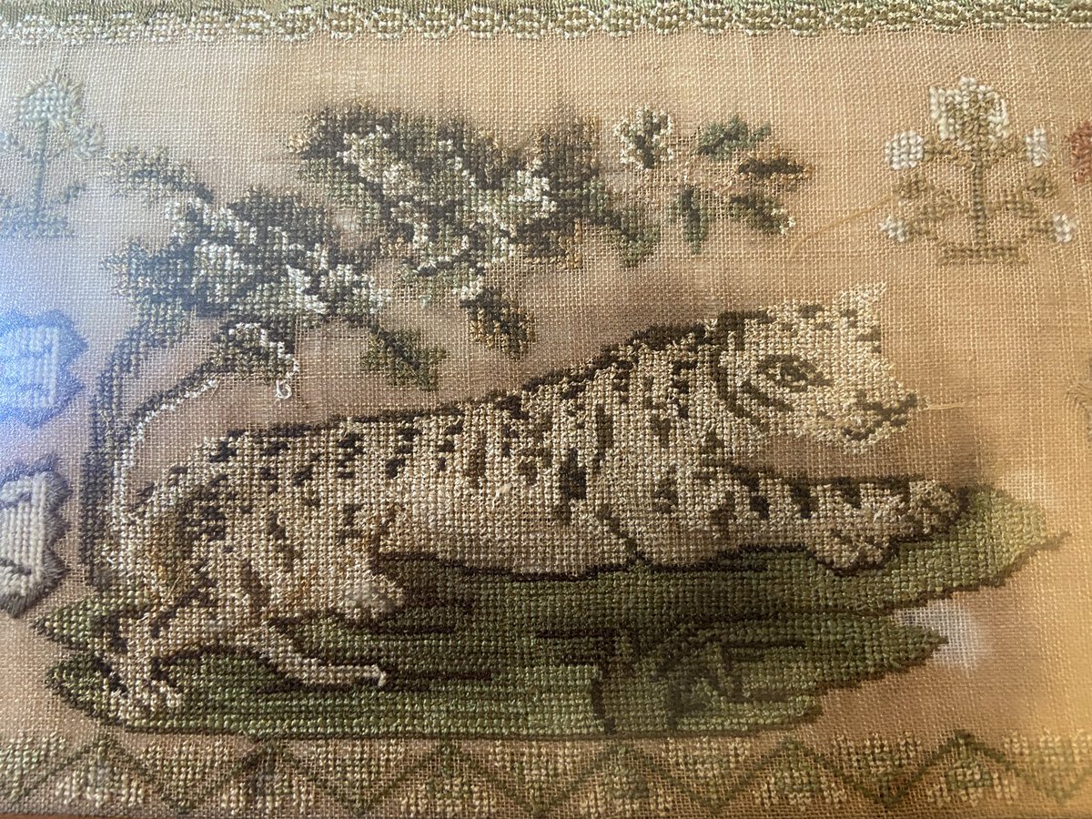 My dad is an eBay pro and I benefit massively from that. Today I came home to the glorious surprise of an 1821 sampler by Hannah Child. I love Hannah’s depiction of a tiger and her slightly joyful rendition of the crucifixion. Thanks, dad!!